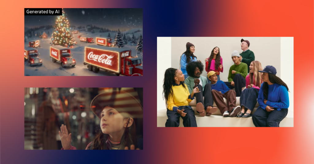 Three stills taken from three different 2024 Christmas ads, clockwise from left: Coca-Cola, Gap, and John Lewis