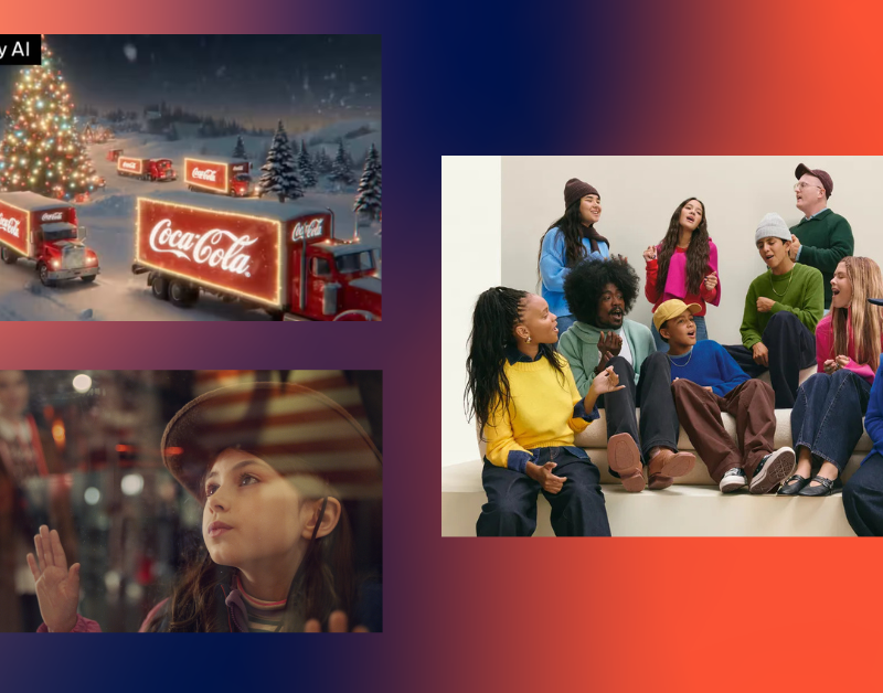 Three stills taken from three different 2024 Christmas ads, clockwise from left: Coca-Cola, Gap, and John Lewis