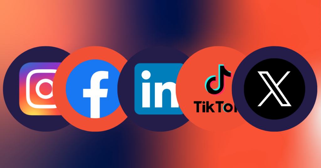 Logos for Instagram, Facebook, LinkedIn, TikTok, and X appear in individual circles against an orange and navy ombre backdrop.