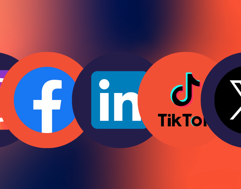 Logos for Instagram, Facebook, LinkedIn, TikTok, and X appear in individual circles against an orange and navy ombre backdrop.